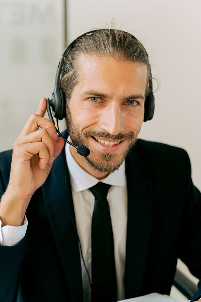 Smiling customer service agent with headset offering assistance in office setting.